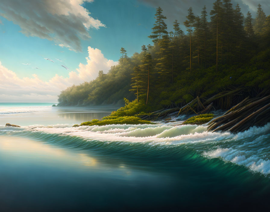 Tranquil Coastal Scene with Forested Cliff and Seagulls