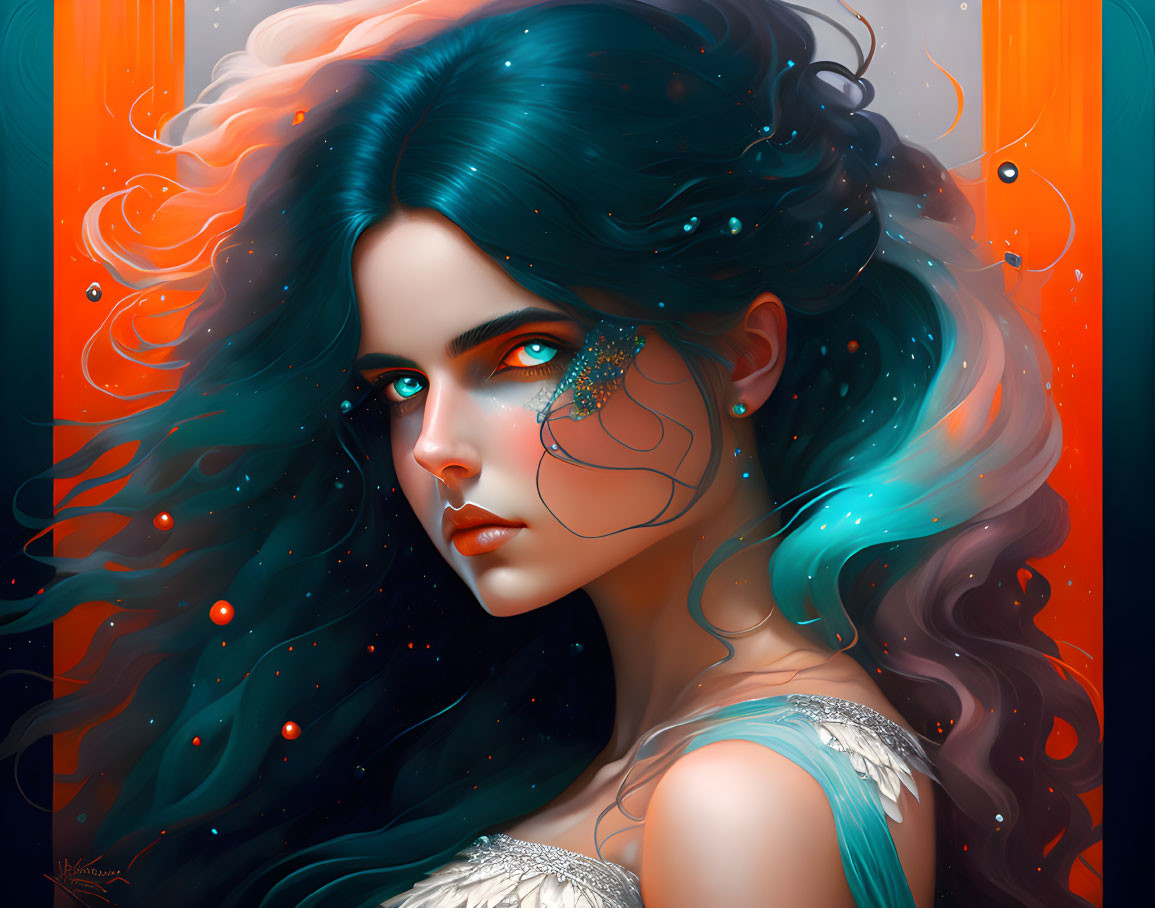 Vibrant teal hair woman with blue eyes in digital artwork