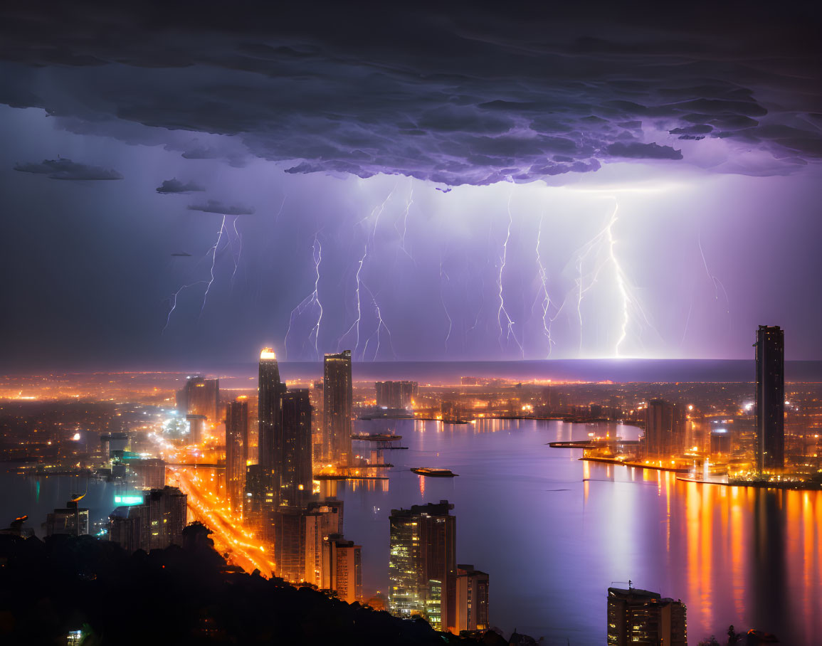 Night cityscape with lightning strikes over urban streets and buildings