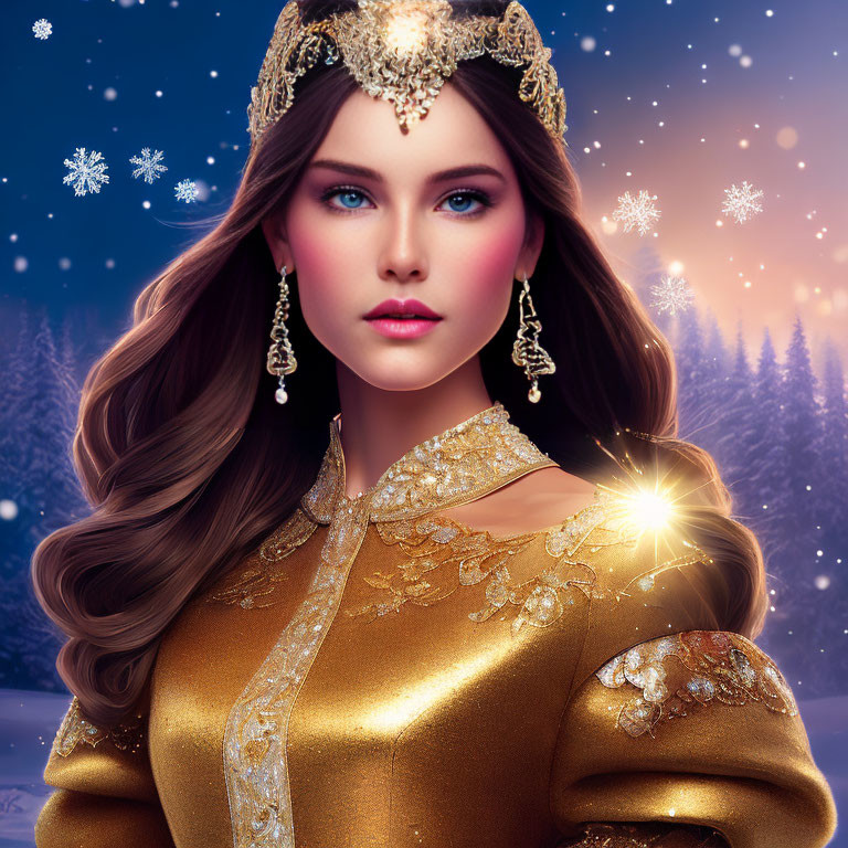 Digital illustration: Woman with blue eyes in gold attire, tiara, snowy background