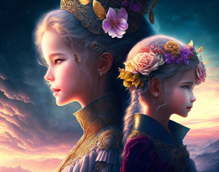 Profile of two girls with floral crowns in regal attire under a dramatic sunset sky