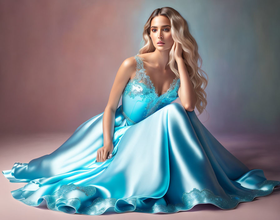 Elegant Woman in Blue Gown Against Pastel Background