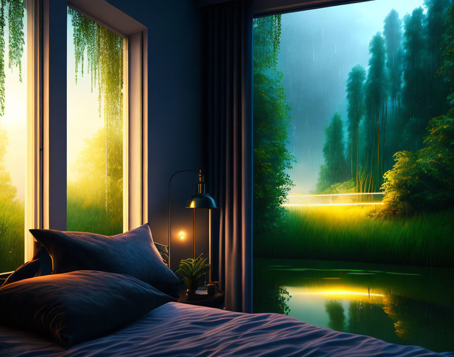 Tranquil bedroom with rain-soaked landscape view