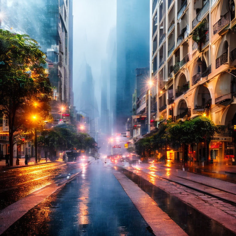 Twilight urban street with mist and illuminated lights