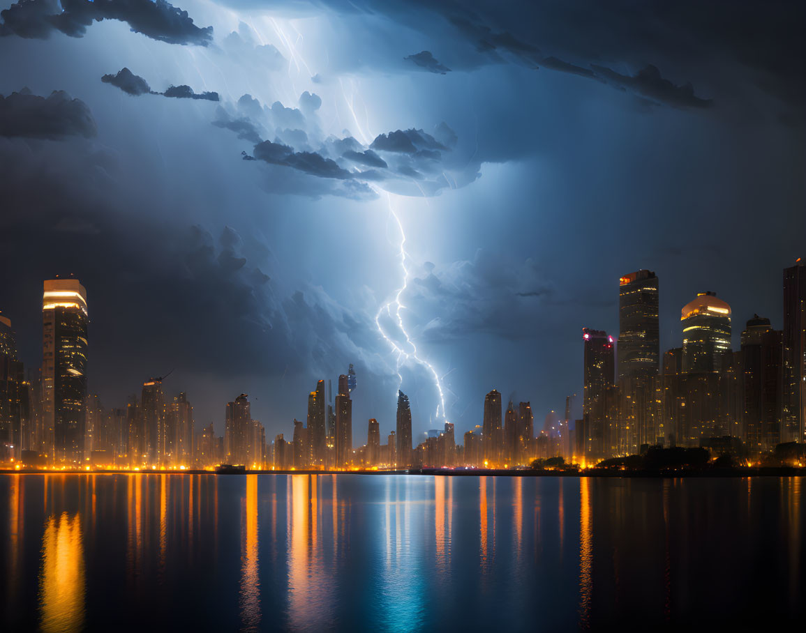 City skyline at night with stormy sky and lightning reflected on water