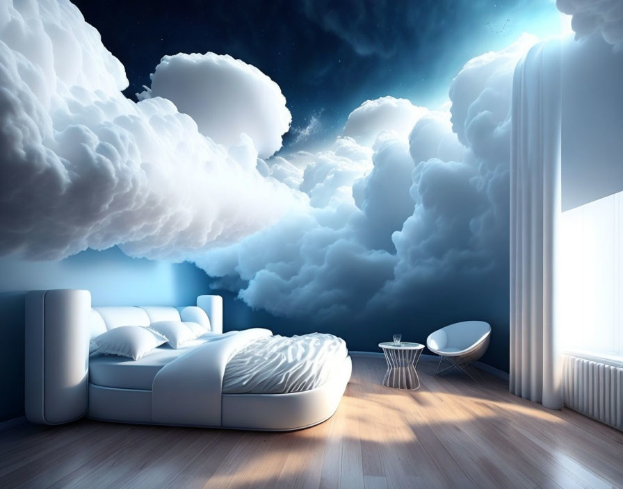 Surreal bedroom with open window, clouds, starry night sky, modern furniture, hardwood floors