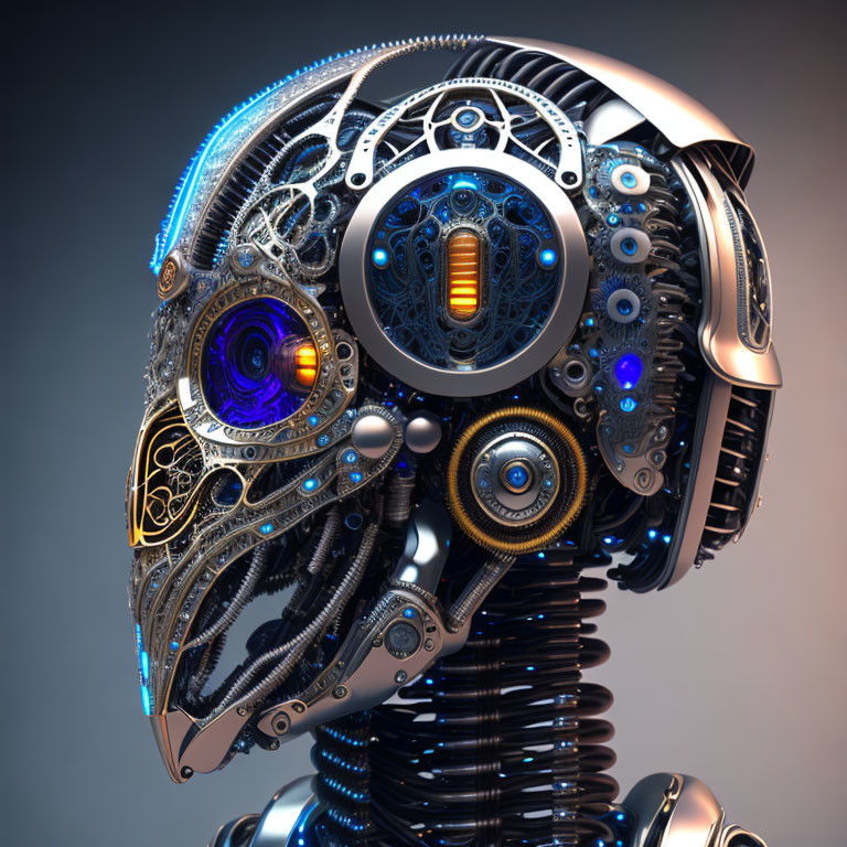 Detailed Mechanical Head with Gears, Blue Lights, and Ornate Metalwork on Gradient Background