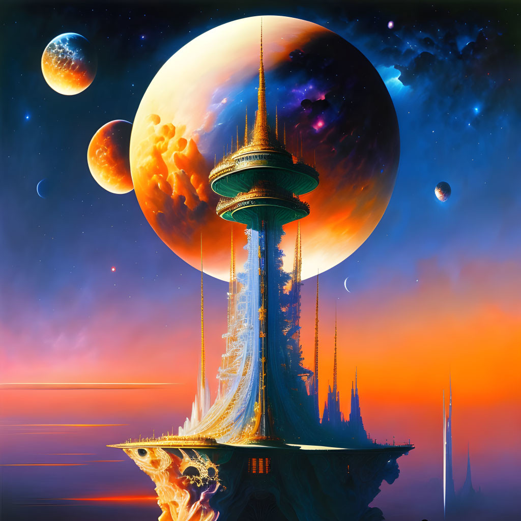 Futuristic tower under giant moon and planets in colorful space sky