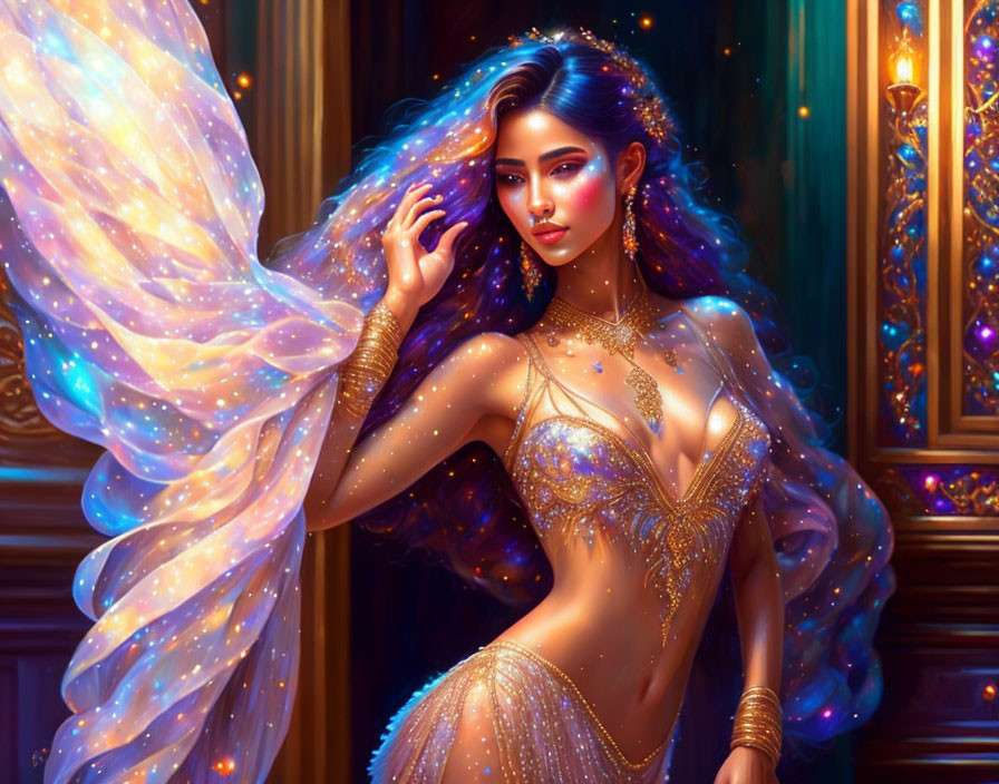 Fantastical female with luminous hair in ornate attire.