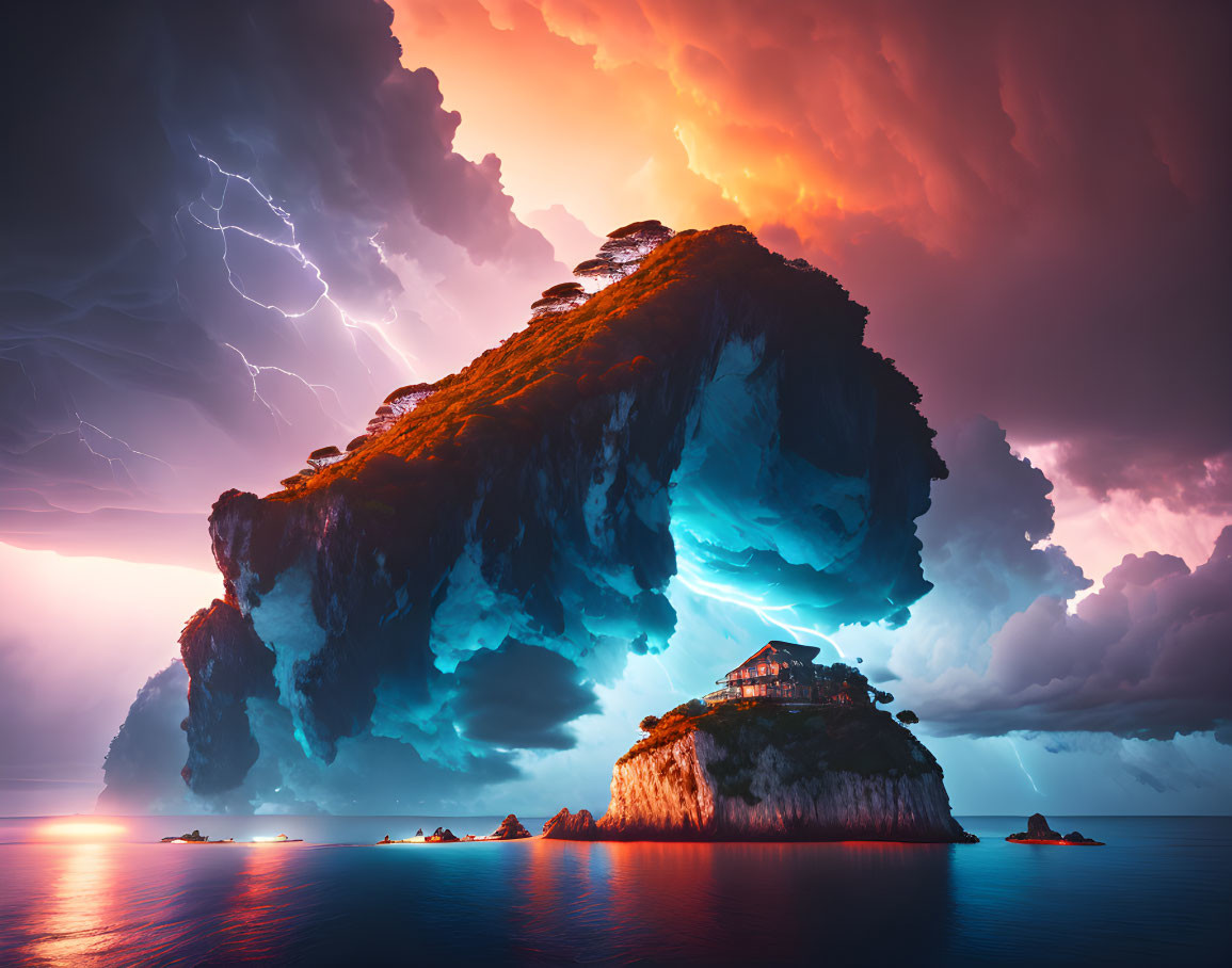 Isolated Cliff Island with House in Stormy Sky