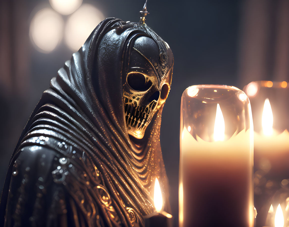 Skull-faced figure in dark cloak with glowing candles