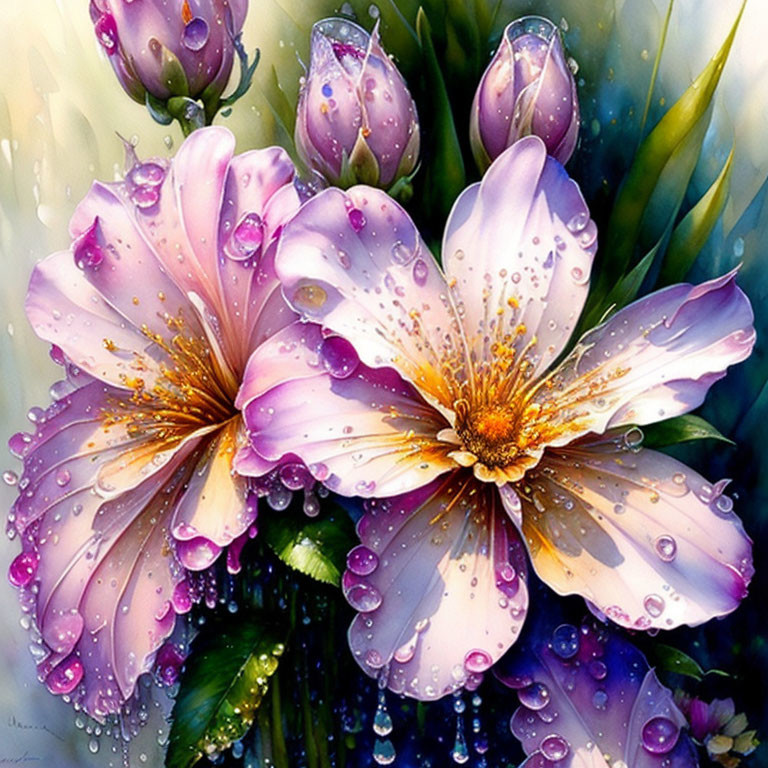 Pinkish-purple flowers with golden centers in vibrant painting