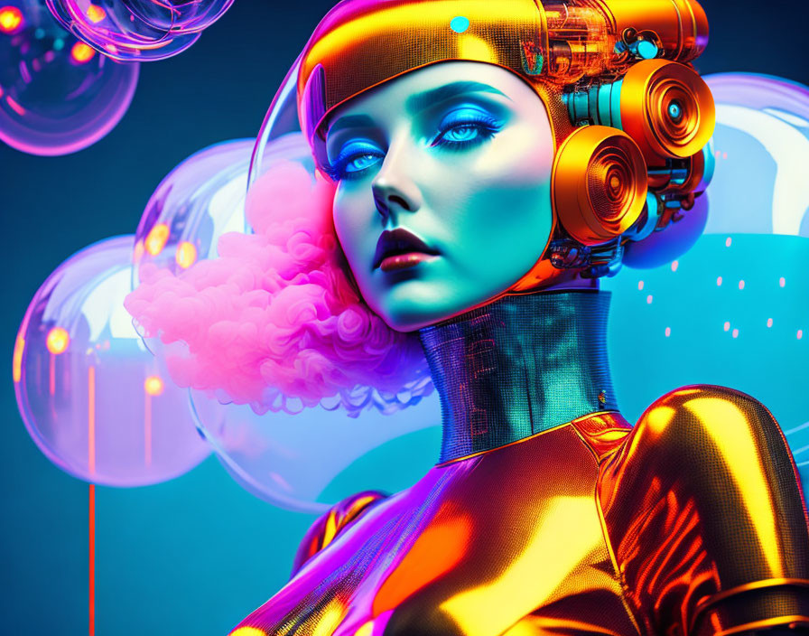 Futuristic woman in digital art with robotic design and headphones