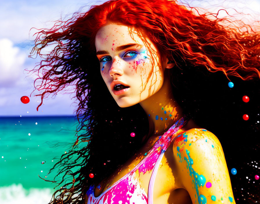 Vibrant red-haired woman with paint splashes on skin by blue ocean