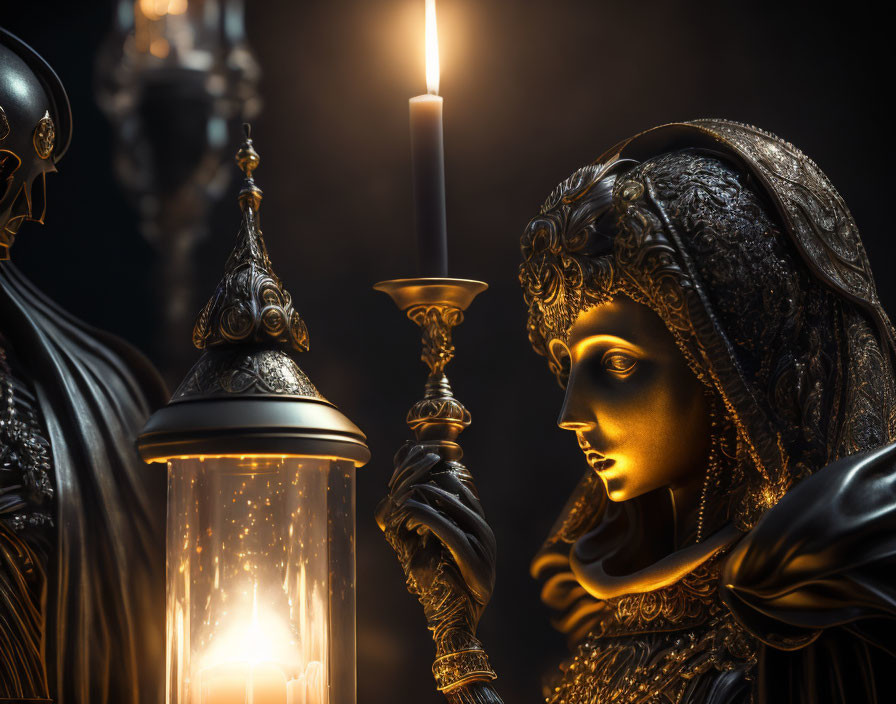 Cloaked figure with candlestick and lantern in dramatic lighting