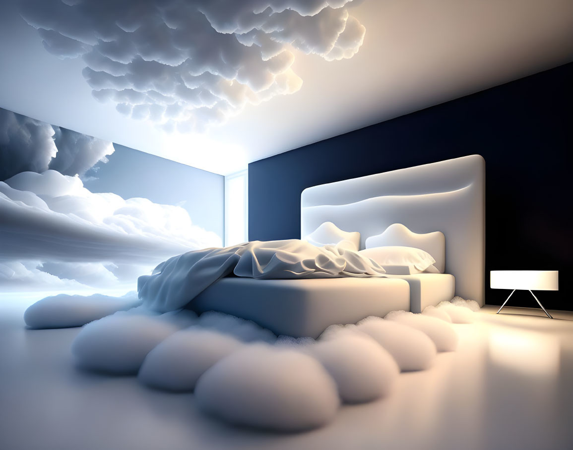 Surreal bedroom with cloud-like floor structures and modern furniture