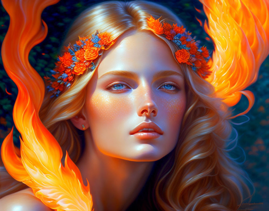 Surreal portrait of woman with orange hair and floral wreath on blue background