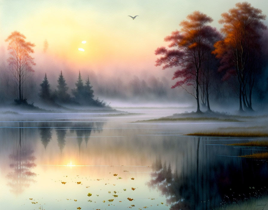 Tranquil Sunrise Landscape: Misty Lake, Autumn Trees, Bird, Reflections