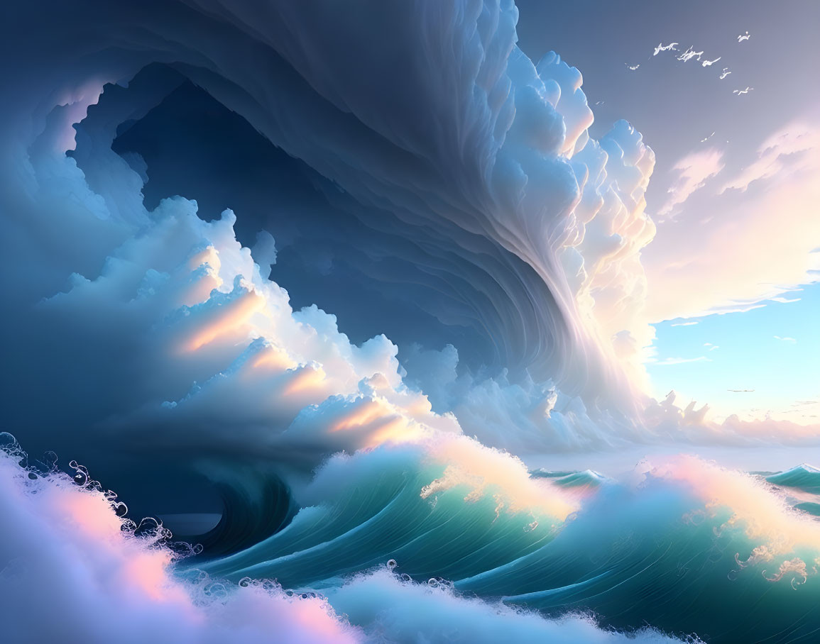 Surreal digital artwork: majestic wave, cloud-like form, distant birds, and ethereal seas