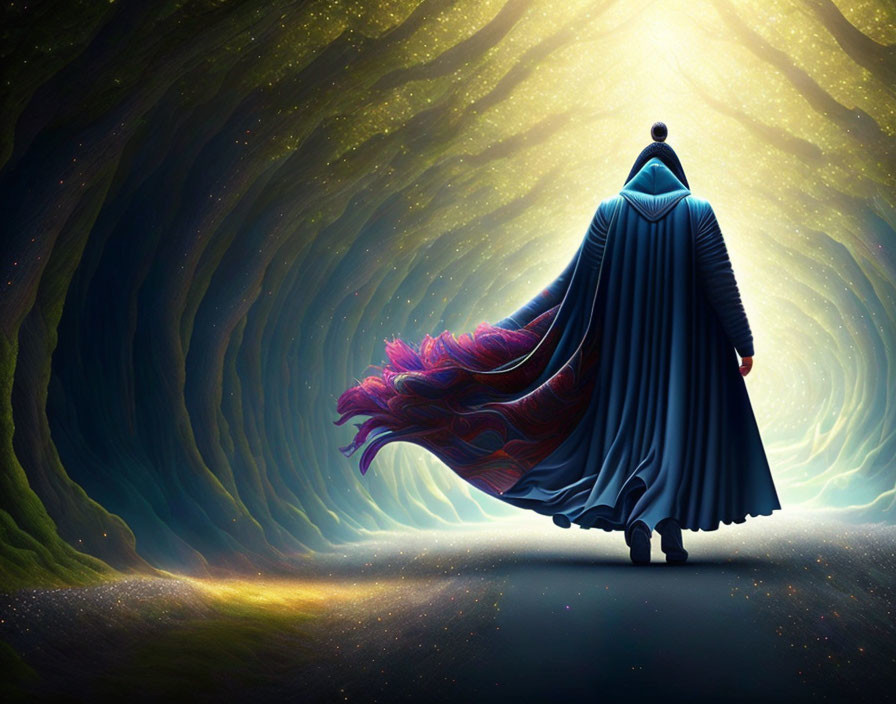 Cloaked figure at entrance of enchanted forest with vibrant light rays and mystical path