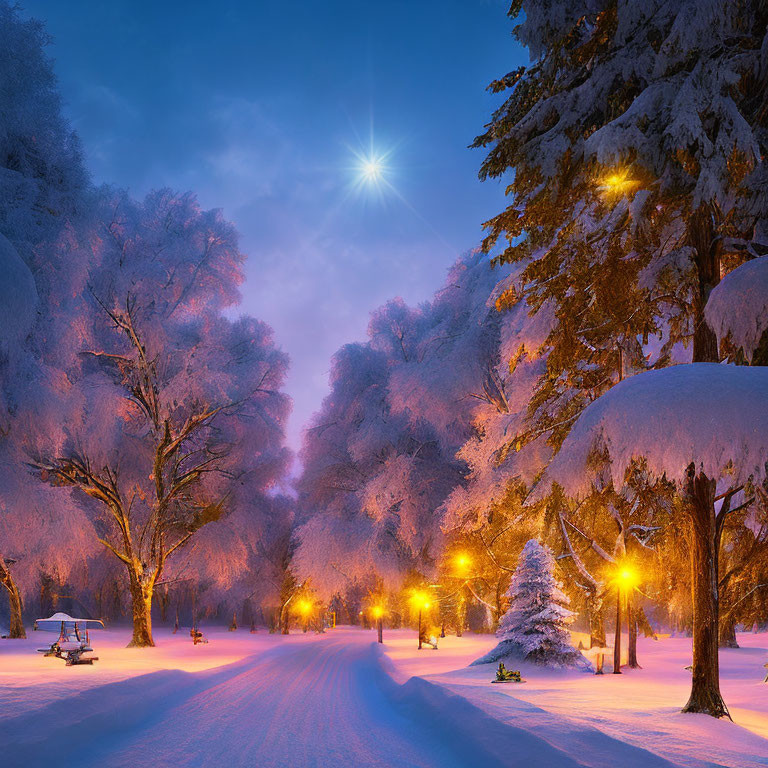 Snow-covered park at night with illuminated lamp posts and frosty trees