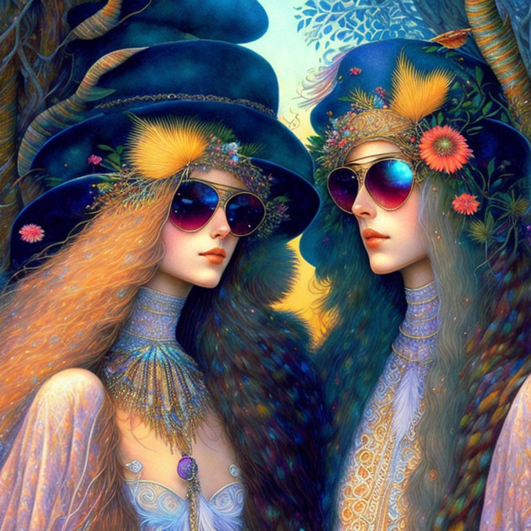 Illustrated women in ornate hats and sunglasses with flowing hair in colorful floral setting