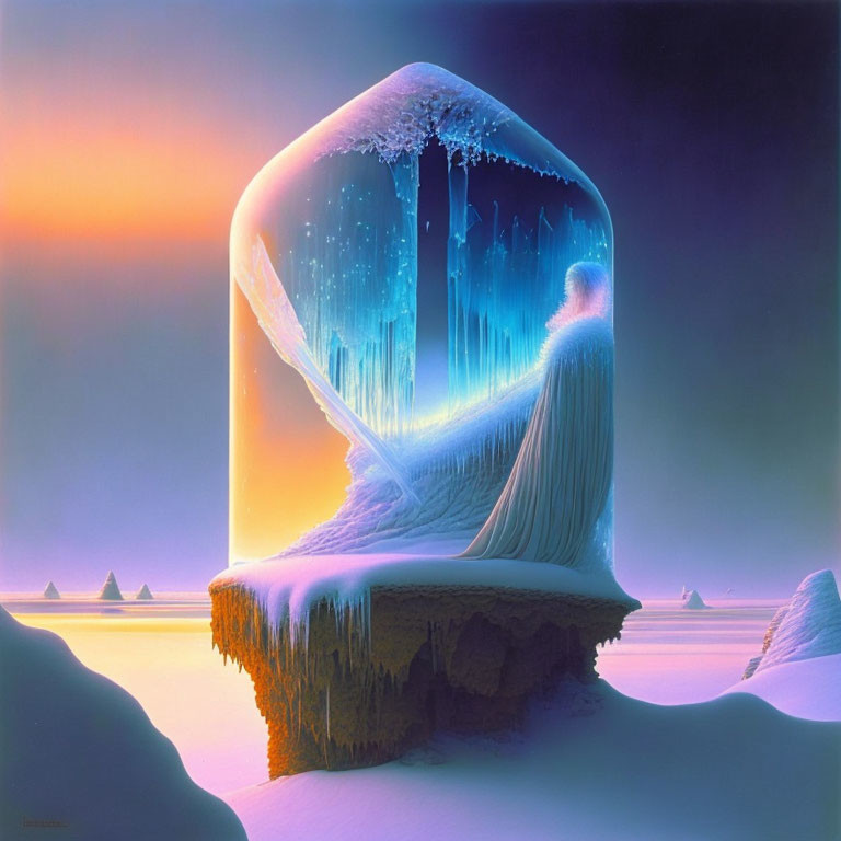 Surreal painting of cloaked figure under icy dome on floating landmass