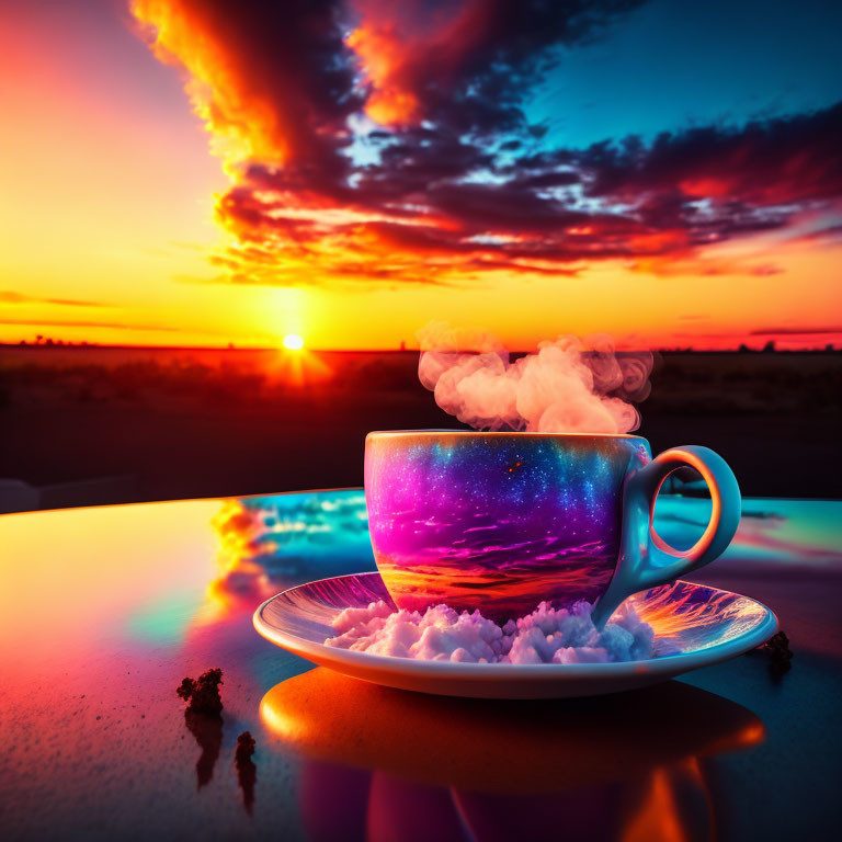 Cosmic-patterned coffee cup on saucer with vibrant sunset background