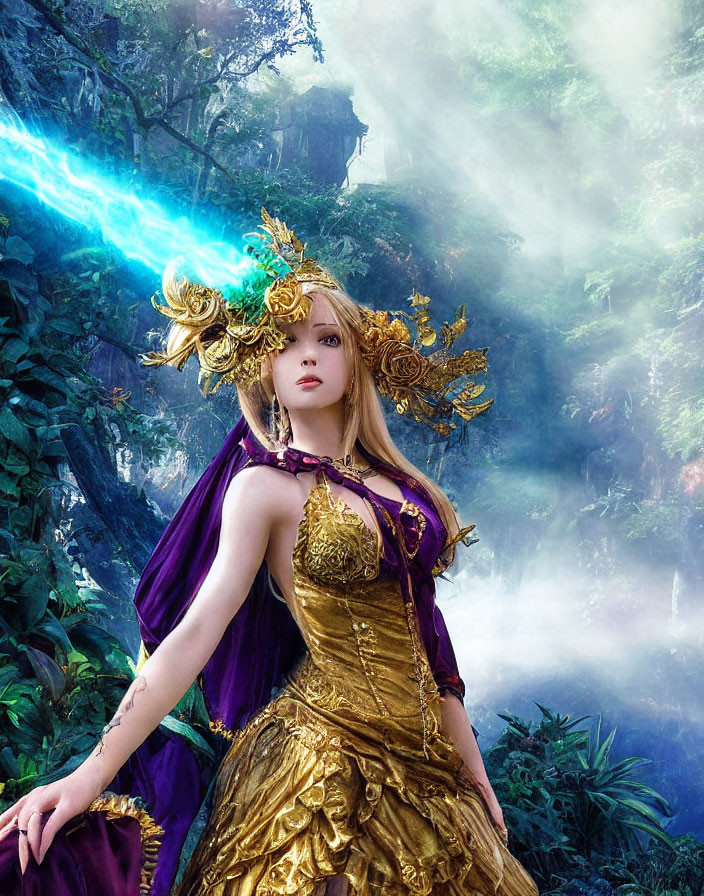 Luxurious golden dress and headdress in mystical forest setting