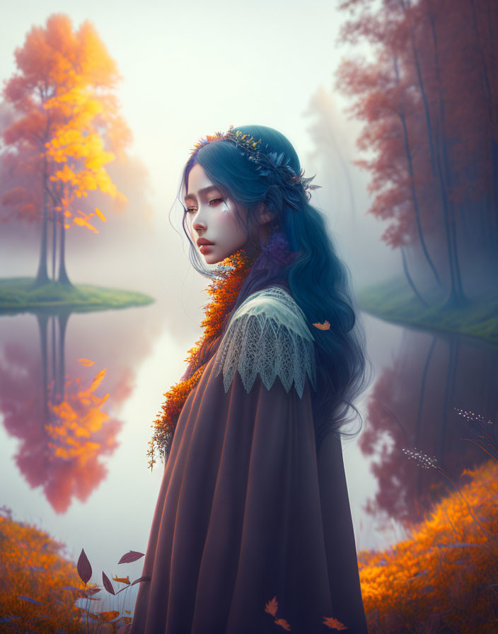 Blue-haired woman by misty lake with autumn reflections