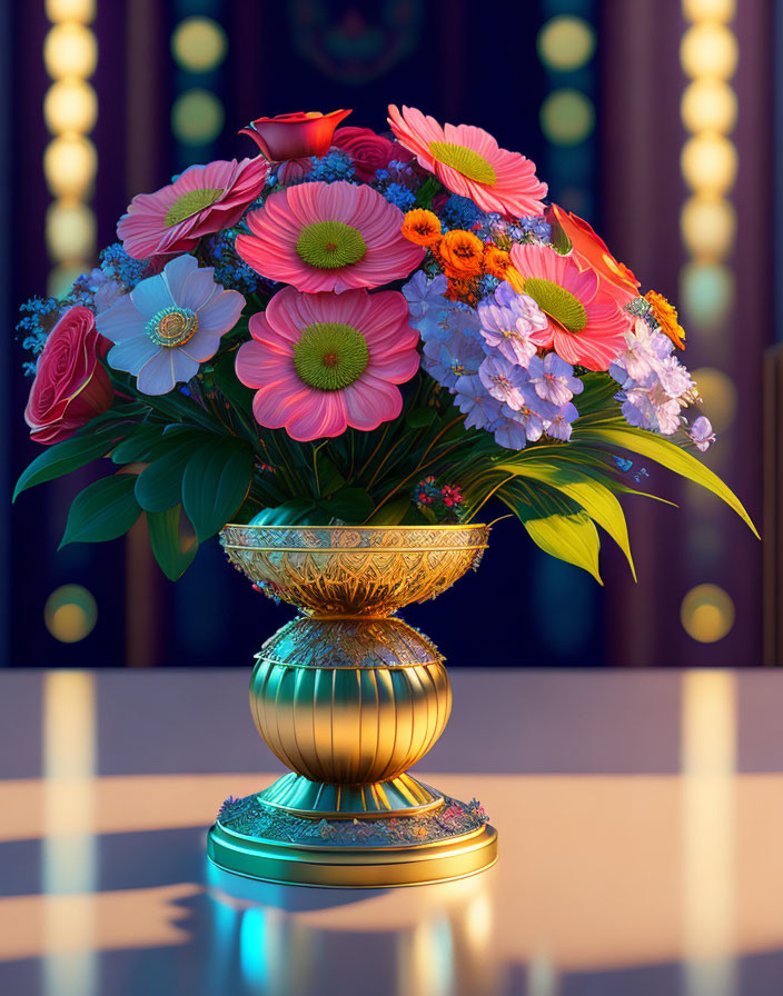 Assorted flowers in golden vase on purple background