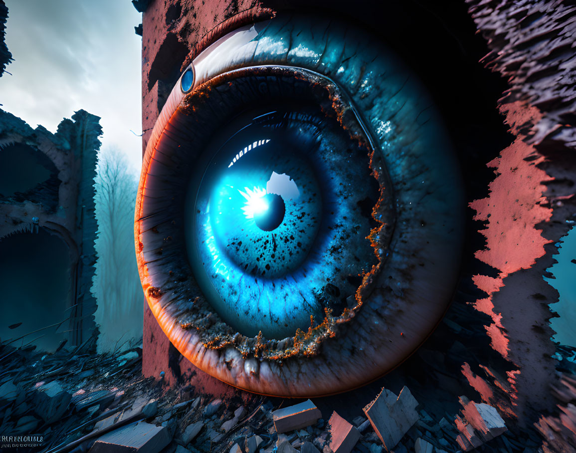 Surreal image of giant eyeball in dystopian landscape