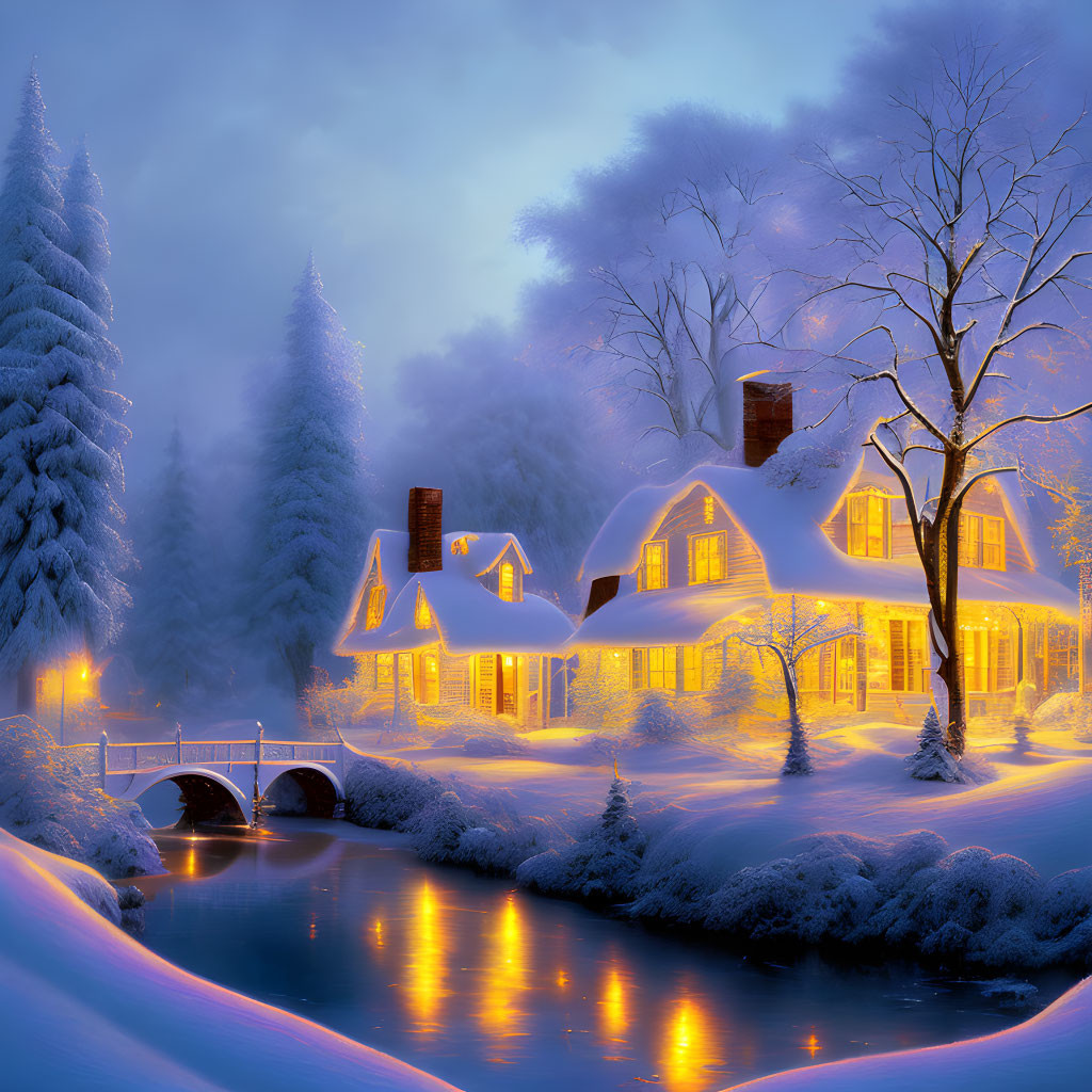 Snow-covered houses, glowing lights, frosty river, small bridge, misty trees