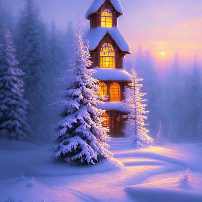 Snow-covered trees surround cozy house at twilight