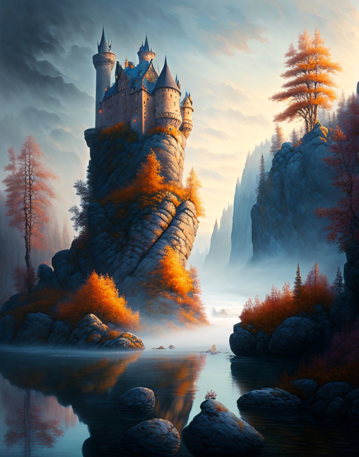 Fantasy castle on cliff with autumn trees and serene lake