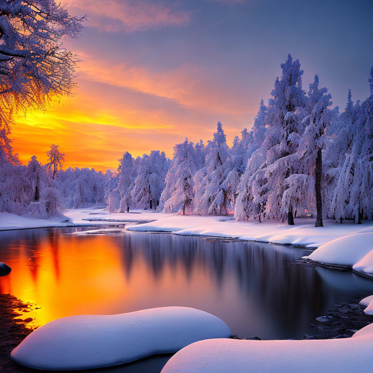 Snow-covered trees and river at sunrise in winter landscape