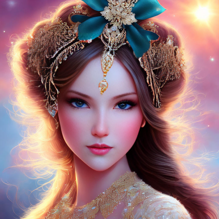 Digital Artwork: Woman with Elaborate Golden Headdress and Ethereal Backdrop