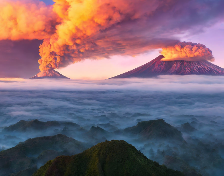 Dual volcano eruption over sunset clouds with vibrant colors and rolling hills.