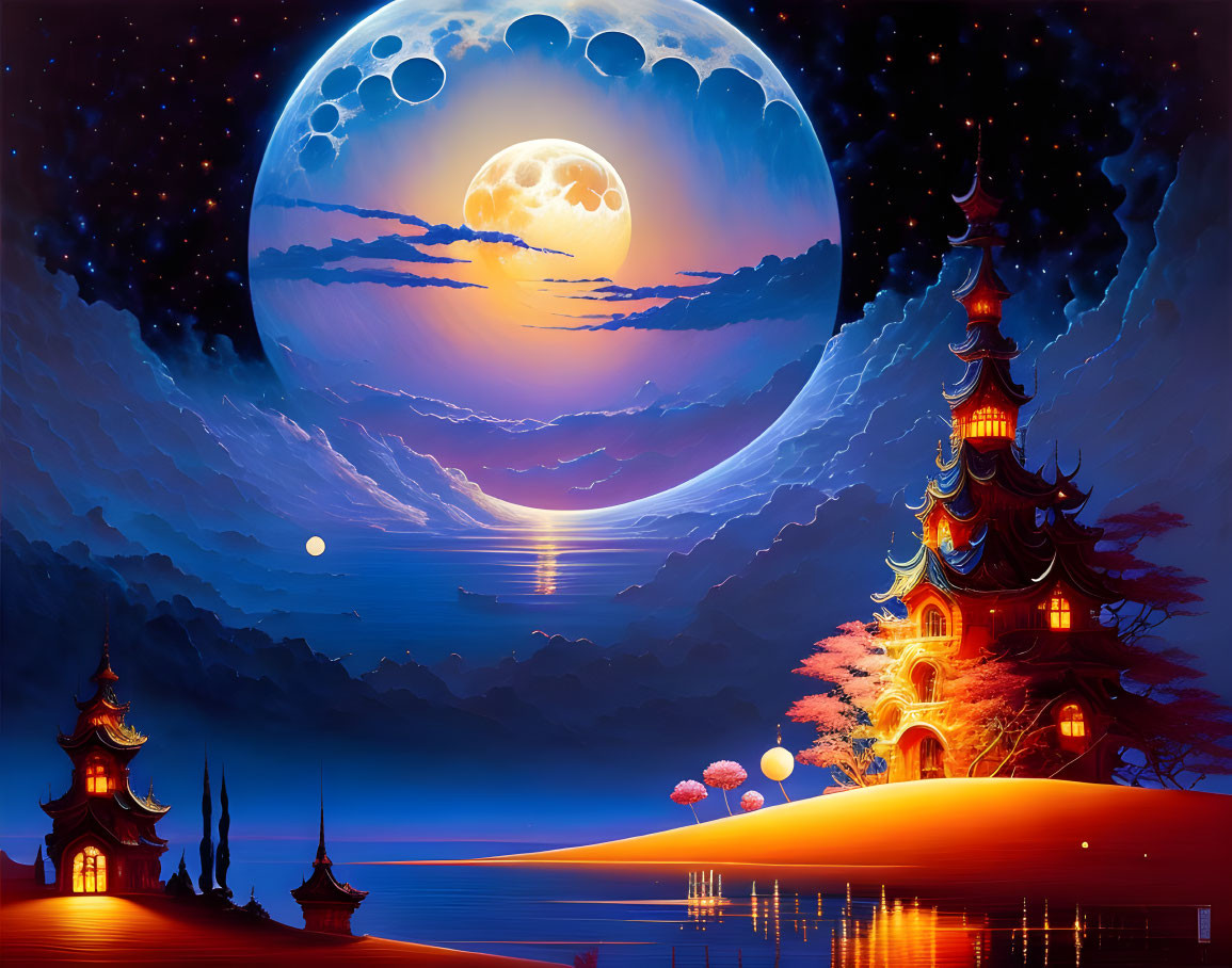 Enormous moon over ocean with pagodas and autumn trees