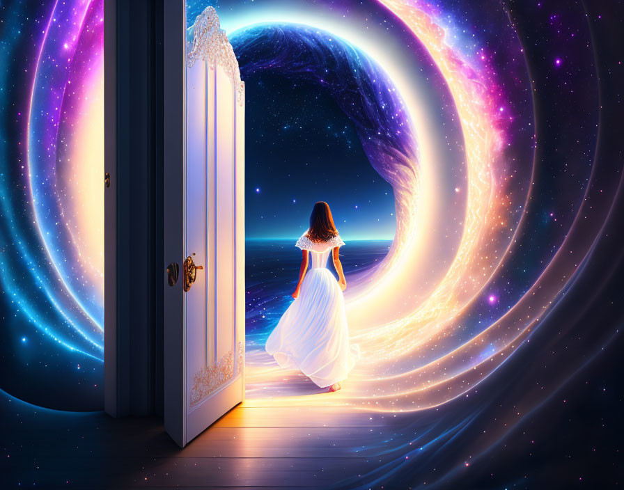 Woman in white dress gazes at swirling cosmos with vibrant colors.