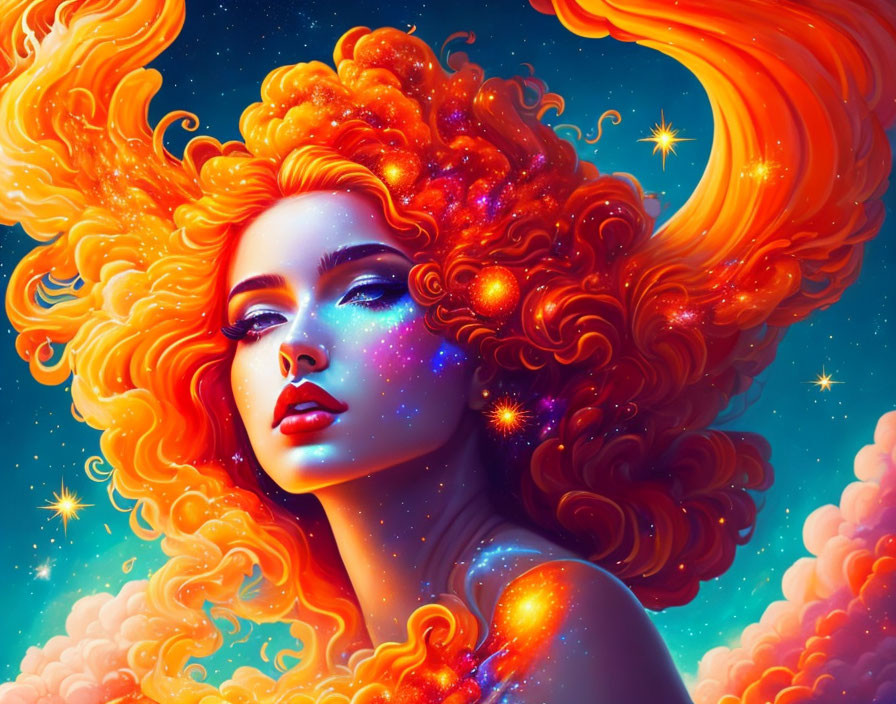 Vibrant illustration: Woman with fiery orange hair in cosmic setting