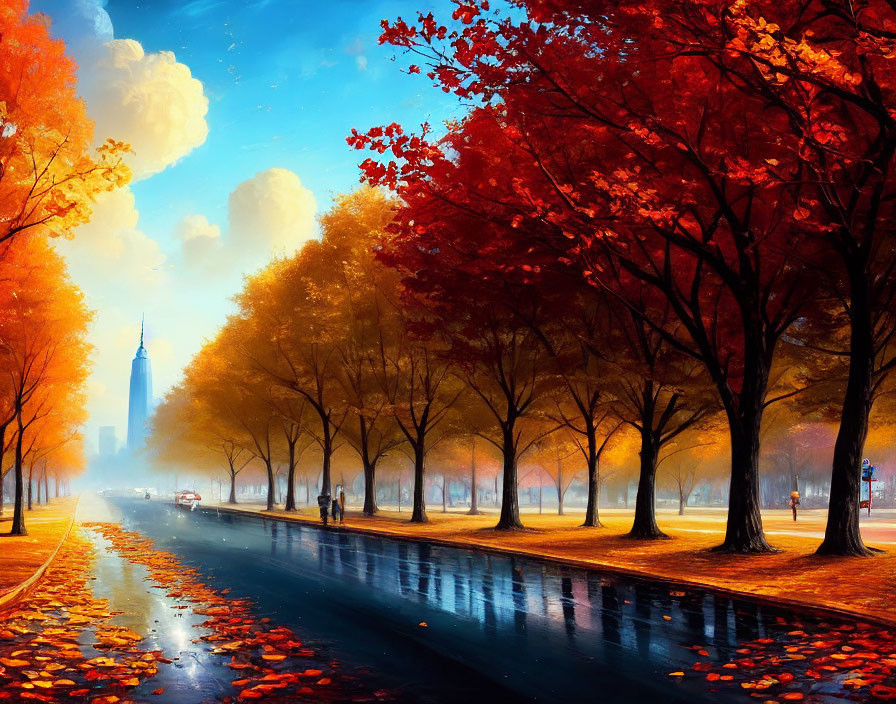 Autumn cityscape with tree-lined street and city skyline