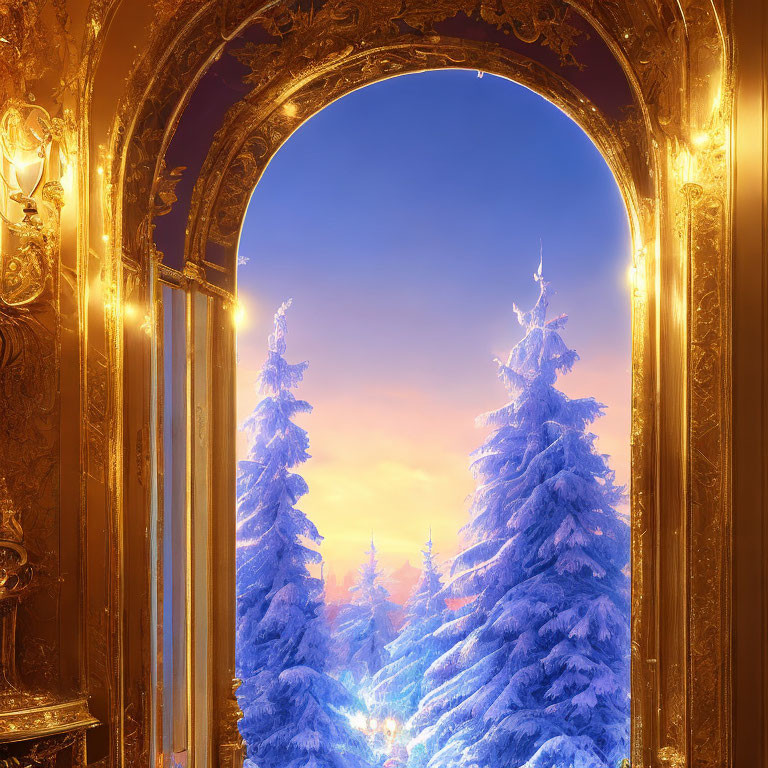 Golden Frame Surrounds Winter Landscape with Snow-covered Trees