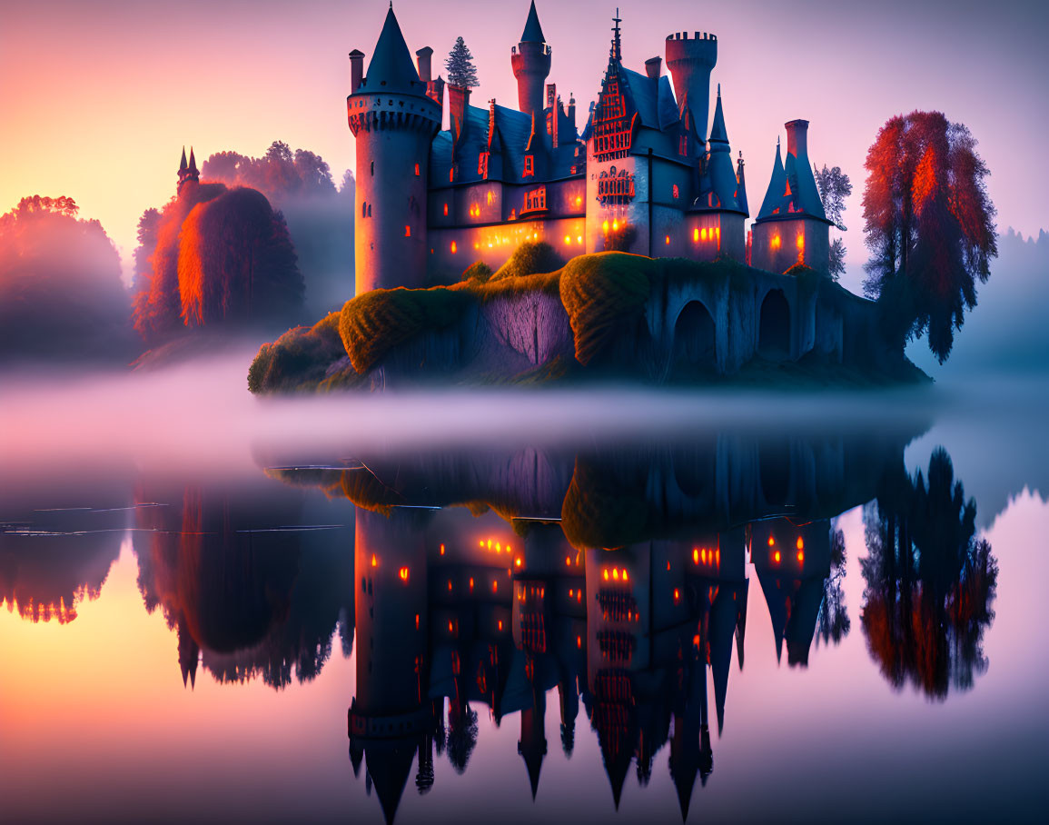 Majestic castle reflected in water at twilight with autumn trees