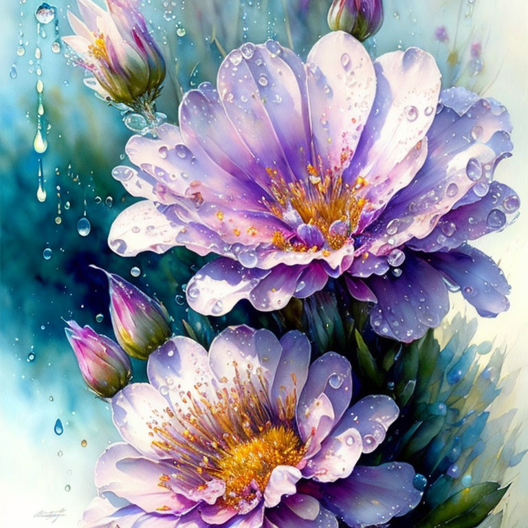 Vibrant Purple Flowers with Water Drops on Petals and Green Buds in Misty Setting