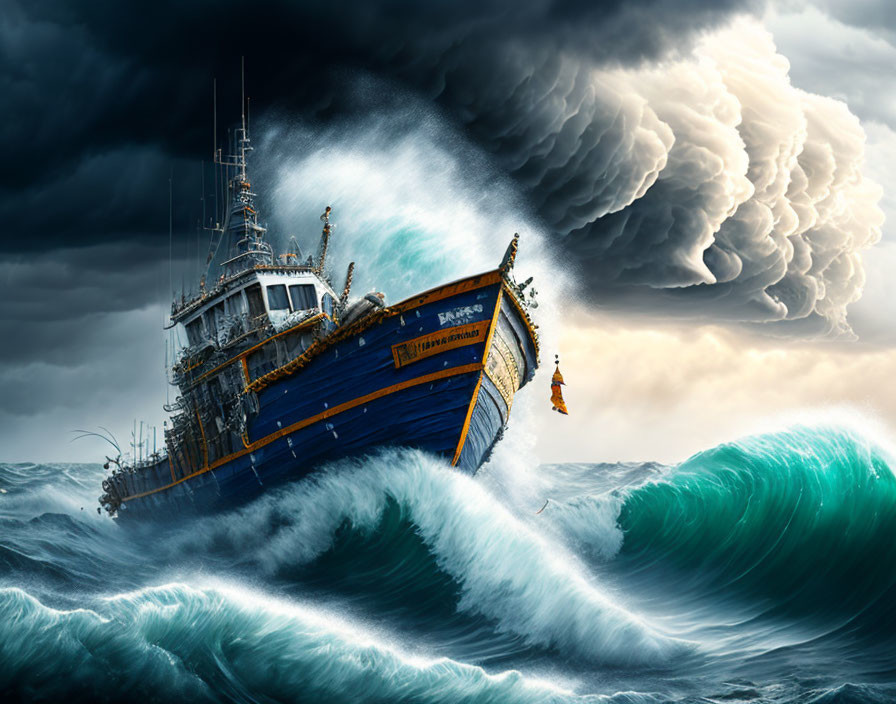 Blue fishing boat in tumultuous ocean with swirling storm cloud