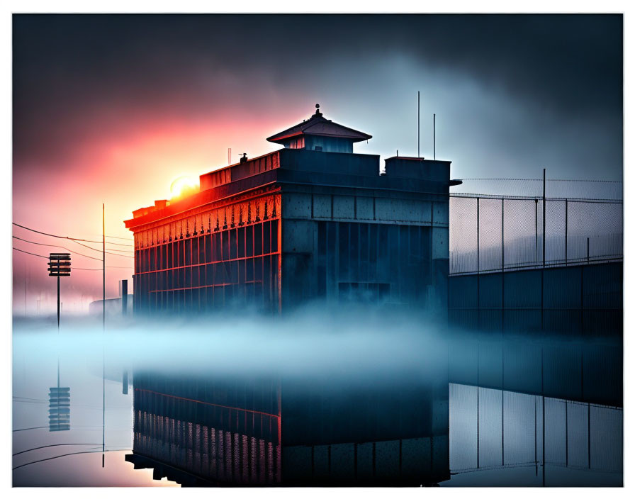 Industrial building with tower in misty sunset reflection.