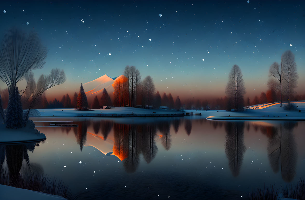 Serene nighttime lake with snow-capped mountain reflected under starry sky