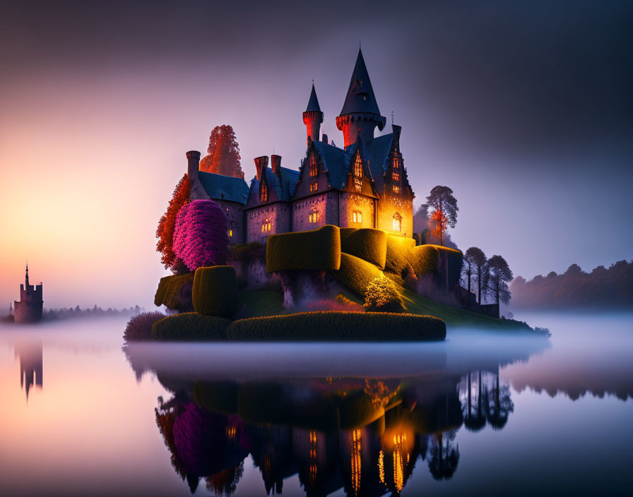 Castle on Isle Reflects in Tranquil Waters at Dusk