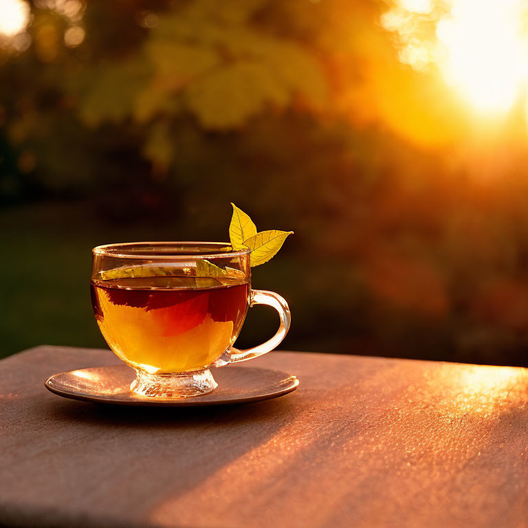 Teacup with leaf garnish on saucer in outdoor setting